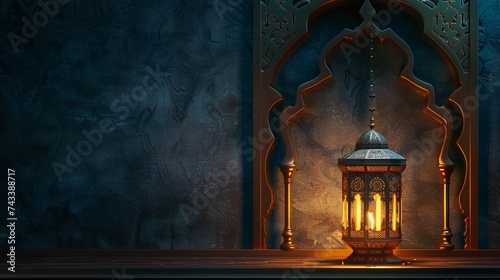 Elegant ramadan lantern illuminating ornate arabic frame | symbolic islamic celebration concept for ramadan kareem