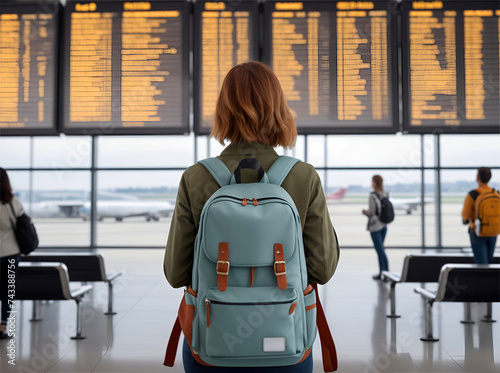 Back of a woman checking flight status at the airport
