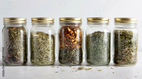 A jar filled with an ortment of fragrant herbs from earthy rosemary to zesty basil handpicked and carefully dried to preserve their intense flavors. photo