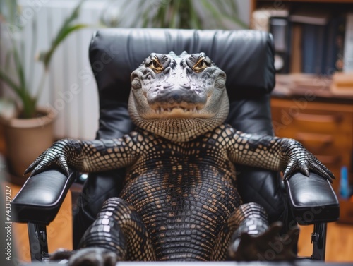 A confident alligator seen lounging in a black leather office chair, embodying power and relaxation in a domestic setting photo