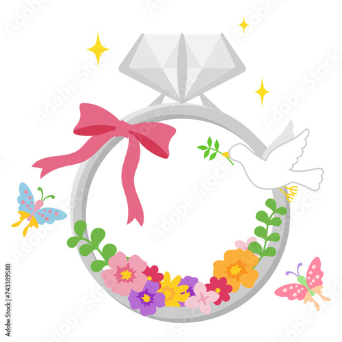 花で飾ってリボンを結んだ輝くダイヤモンドのリングのフレーム、鳩と蝶が飛んでいる