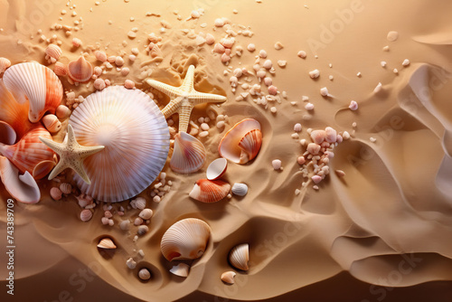 An artistic arrangement of seashells on sand, designed with AI Generative precision.