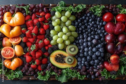 Autumn fruits and vegetables on wooden table. Beautiful fruits display. Created with Ai