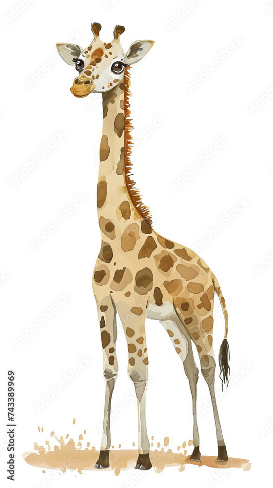 Obraz premium Charming giraffe illustration splashed in watercolors, showcasing the beauty of wildlife art, AI Generative.