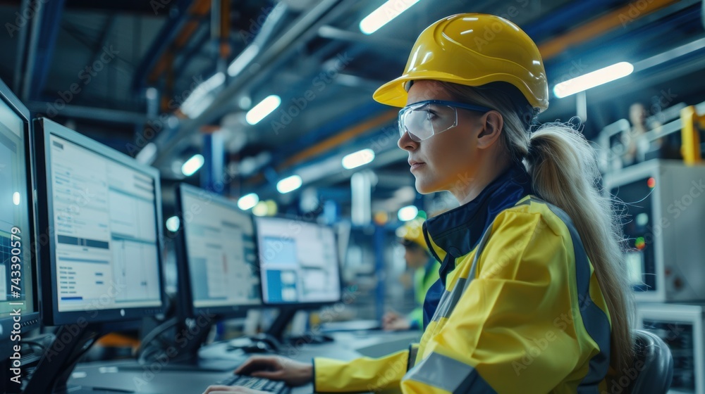 Modern factory. Industry 4.0. The project engineer talks to a female worker controlling a production line in a factory. It uses a computer Modern factory. Industry 4.0. The project engineer talks to a female worker controlling a production line in a factory. It uses a computer