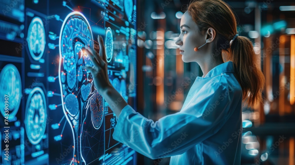 Obraz premium Innovative medical technology diagnoses and examines the patient's brain with intelligent software in hospitals.