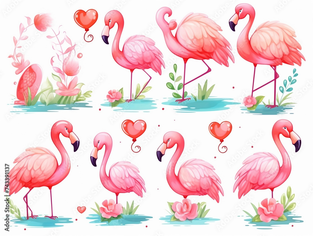Obraz premium Watercolor valentines day love flamingo couple, hand drawn watercolor illustration for greeting card or invitation design