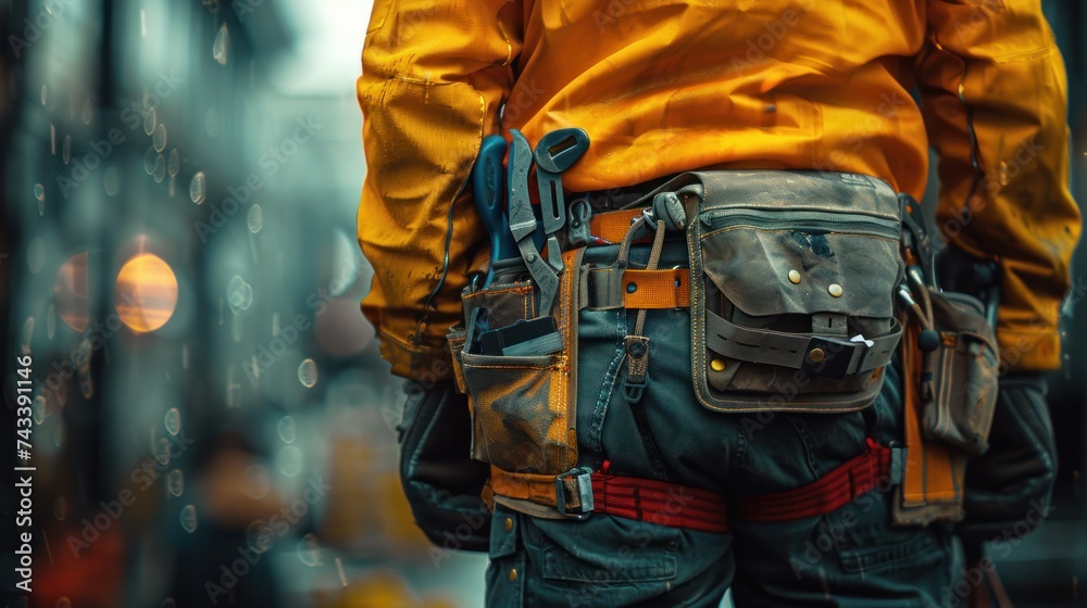 Maintenance worker with bag and tools kit wearing on waist. Maintenance worker with bag and tools kit wearing on waist.
