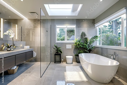 A Luxurious Escape Modern Bathroom Oasis Featuring Elegant Fixtures, Natural Light, and Serene Views of Lush Greenery © Amornrat