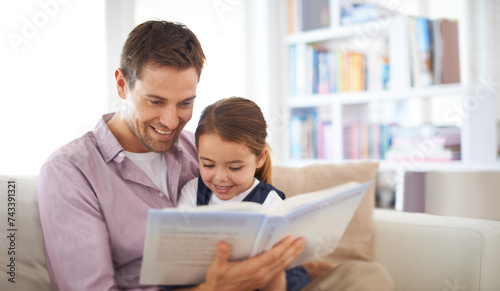 Father, kid and reading book for storytelling, happy with bonding at home and knowledge for education. Man, young girl and story time for fantasy and learning with love and care together in lounge