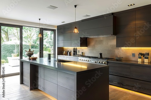 A Modern, Elegant Kitchen Interior Featuring Sleek Black Cabinetry, State-of-the-Art Appliances, and a View of a Lush Green Garden