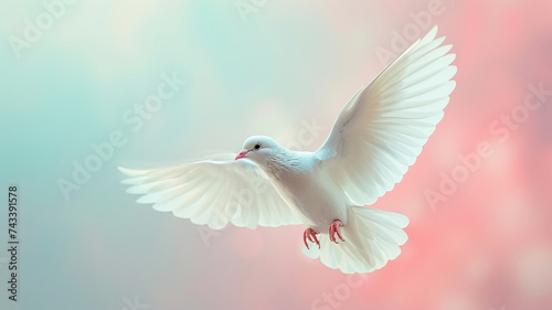 White dove in flight against a soft vintage background. AI Generative.