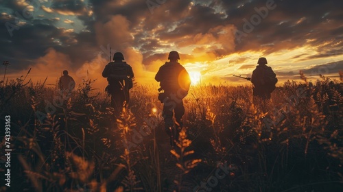 Military of soldiers walking on the war. photo