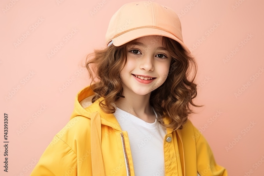 Portrait of a cute little girl in a yellow jacket and cap