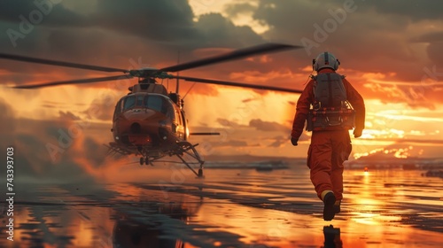 Doctors are running to the helicopter on the helipad. Rescue team, helicopter emergency medical service concept photo