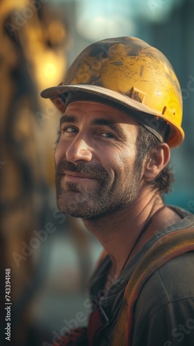 portrait of a handsome scruffy looking male construction worker, dark hair, slightly smiling, beard, hard hat, outdoor sunny day-time photography.