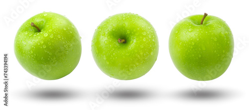 Flying green apple has water drop  collection and shadow isolated on white background.