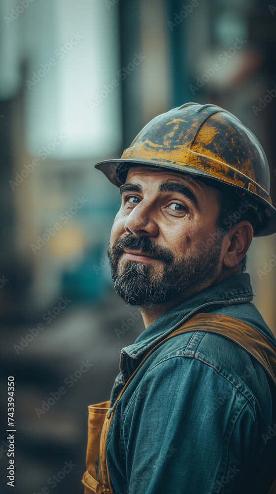 portrait of a handsome scruffy looking male construction worker, dark hair, slightly smiling, beard, hard hat, outdoor sunny day-time photography.