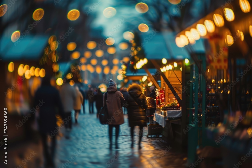 A couple enjoys a romantic stroll through a vibrant Christmas market, basking in the warmth and glow of festive lights and decorations. AI generative.