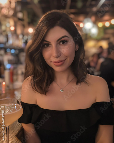 A photograph of a 30-year-old attractive brunette on date night sitting down at a upscale bar. 