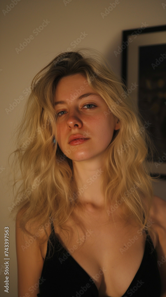retro film style selfie of a blonde woman in a dimly lit bedroom retro film style selfie of a blonde woman in a dimly lit bedroom