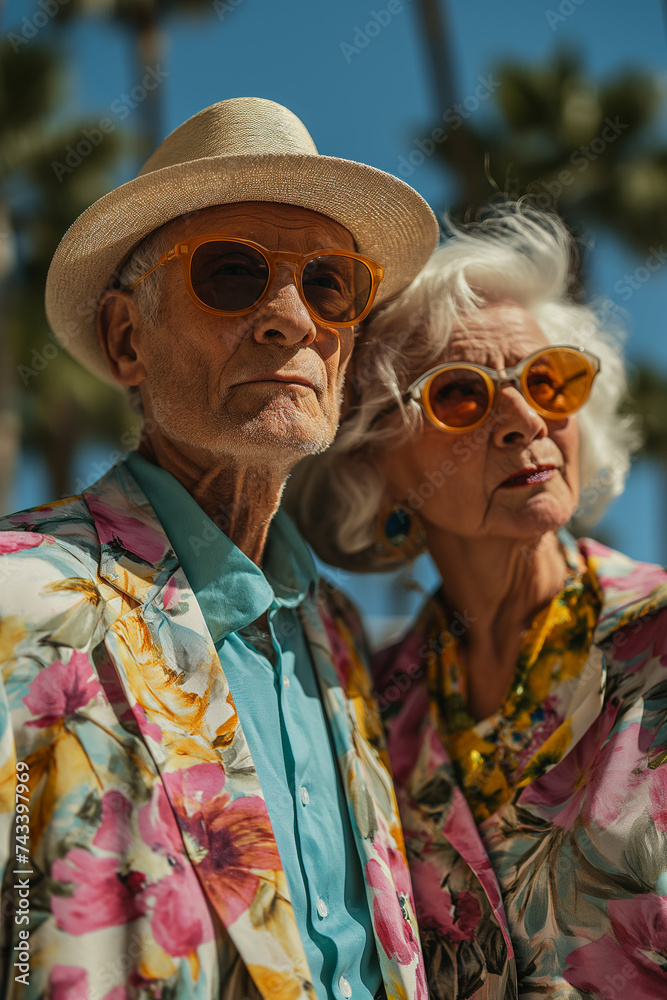 portrait of an elderly couple in quirky designer beach clothes on in palm springs with palm trees, in , yellow, turquoise. intricate details, bright sun light, volumetric lighting, hyper realistic