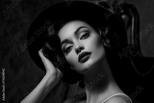 cinematic monochrome film portrait of a brunette white woman Instagram model, with a old Hollywood glamours fashion style. © Michael