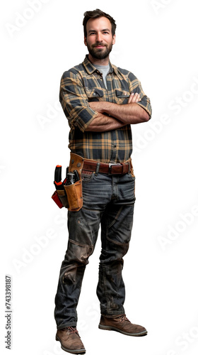 Isolated, transparent, no background, Skilled Male Carpenter in Gray Background Full Body Pose with Hammer and Toolbelt - Professional Craftsman Worker with Masculine Strong Look