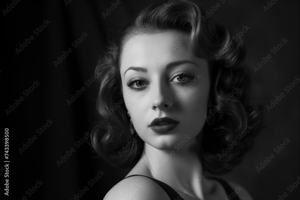 cinematic monochrome film portrait of a brunette white woman Instagram model, with a old Hollywood glamours fashion style.