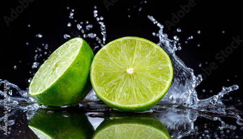 Fresh lime cut in half with water splash isolated on black background