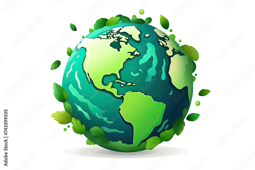 Illustration of Green Planet Earth on White Background. Earth Day Banner with Copy Space