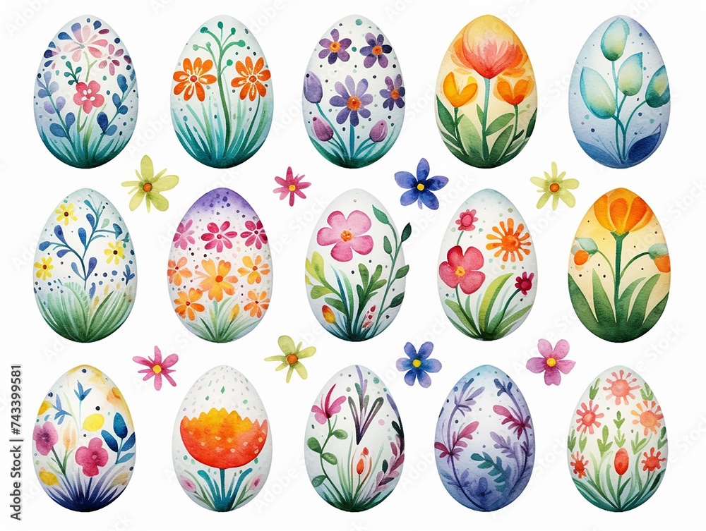 Hand painted Easter egg with flowers and leaves shapes and many color, isolated background