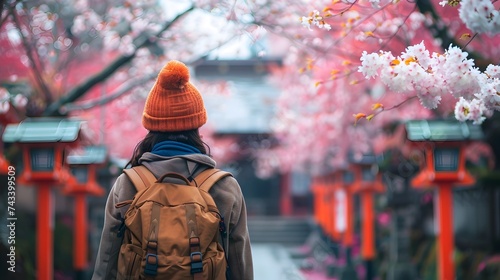 Girl in Orange Hat Traveling Through Pink Blossoms in Kyoto Japan