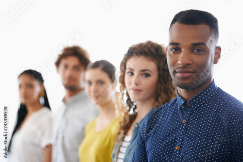 Recruitment, diversity and portrait of group, line and wait for interview on white background. Male person, candidates and job hiring for internship, staff or potential career for businesspeople