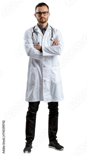 Isolated, transparent, no background, Unbelievably Beautiful Proud Male Doctor in Full Body Pose on Gray Background, Healthcare Professional Standing Confidently with Stethoscope