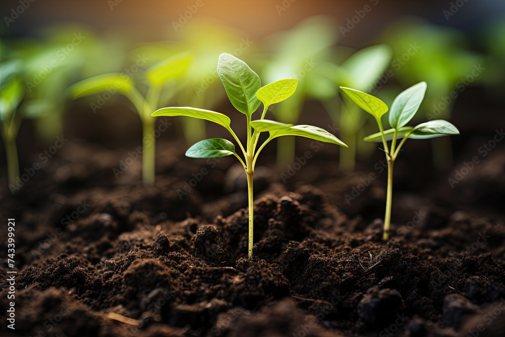 Fototapeta premium Earth Day, Young Plants Growing in Soil, Small Trees with Green Leaves, Natural Growth, Sunlight, and Sustainable Agriculture