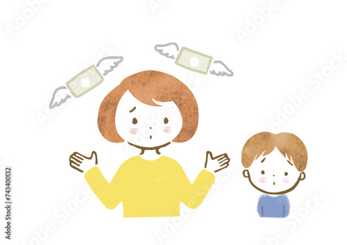 子育ての出費に悩む母親と子供の上半身手描きイラスト