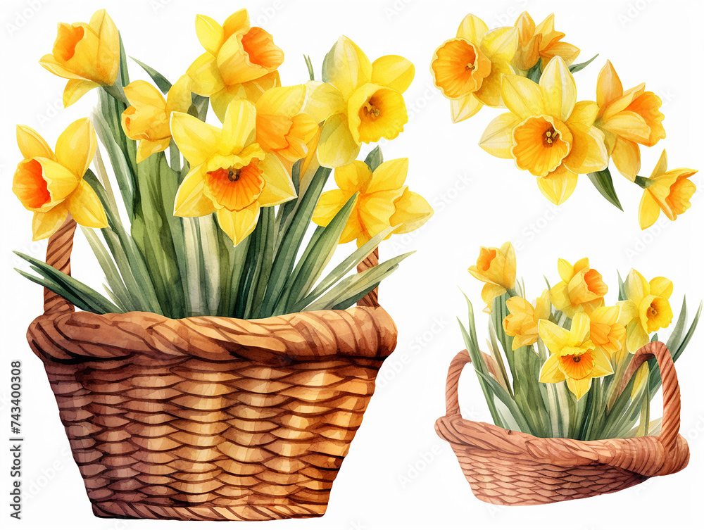 Set of daffodil flower yellow color Watercolor in the baskets, spring collection of hand drawn flowers , Botanical plant illustration , elegant watercolor ,white background