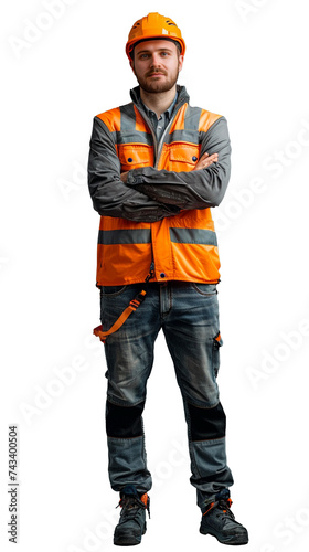 Isolated, transparent, no background, Proud Male Engineer in Modern Technology Construction Industry Poses Confidently for Full Body Shot on Gray Background