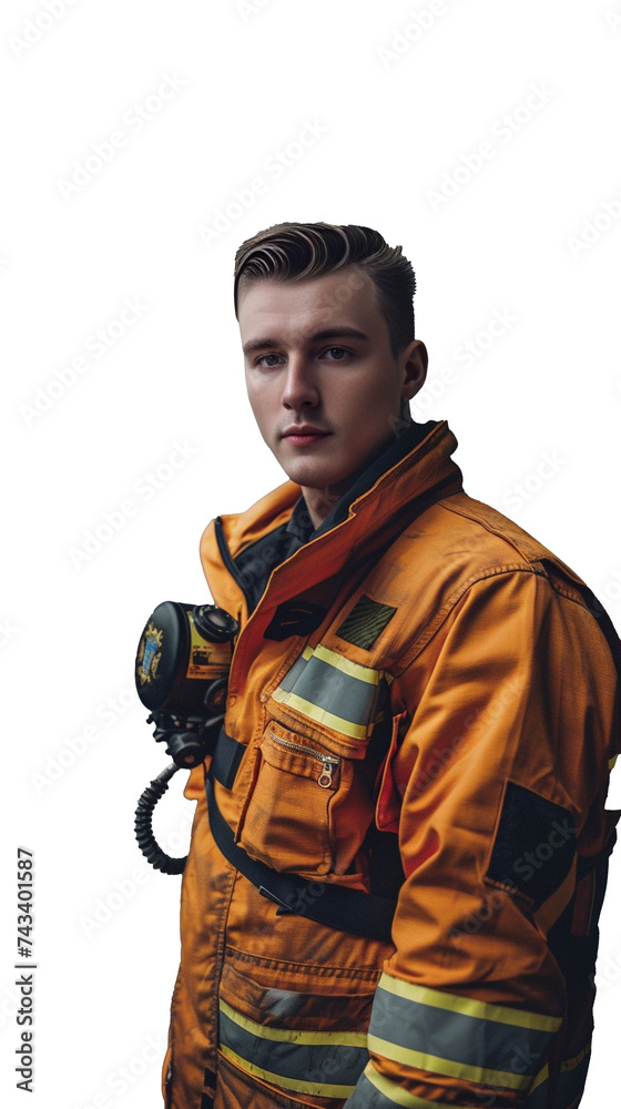 Isolated, transparent, no background, Strong and Proud Male Firefighter in Uniform Poses Confidently for Camera in Gray Background Isolated, transparent, no background, Strong and Proud Male Firefighter in Uniform Poses Confidently for Camera in Gray Background