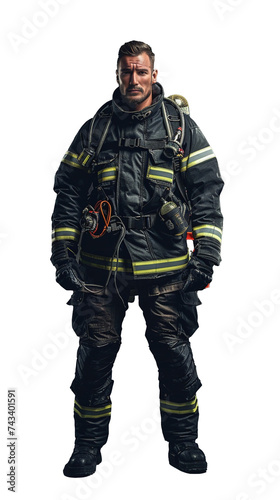 Isolated, transparent, no background, Proud Male Firefighter in Uniform Standing on Gray Background