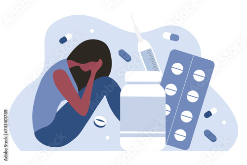 Drug addiction concept, depressed woman with medicine pills. Medical health care and pharmaceutical vector illustration 