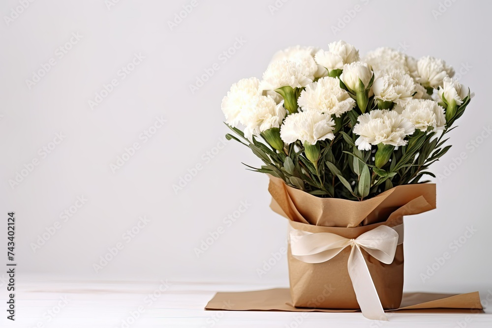 Bouquet of White Flowers with Brown Gift Box Surprise on Dark White Background