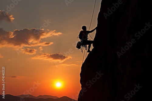 Silhouette of a man climbing on the rock