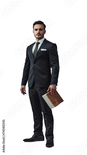 Isolated, transparent, no background, Confident Male Lawyer in Gray Suit Standing Proudly in Full Body Pose Looking Into Camera