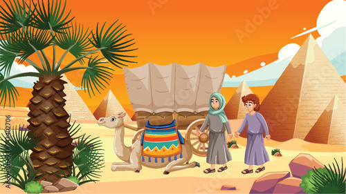 Illustration of Egyptians with camel by pyramids.
