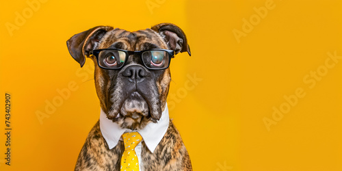 A dog wearing a suit and sunglasses with a yellow polka dot tie.AI Generative photo