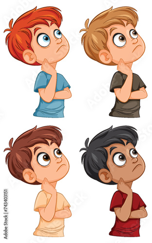 Four cartoon boys pondering with curious expressions.