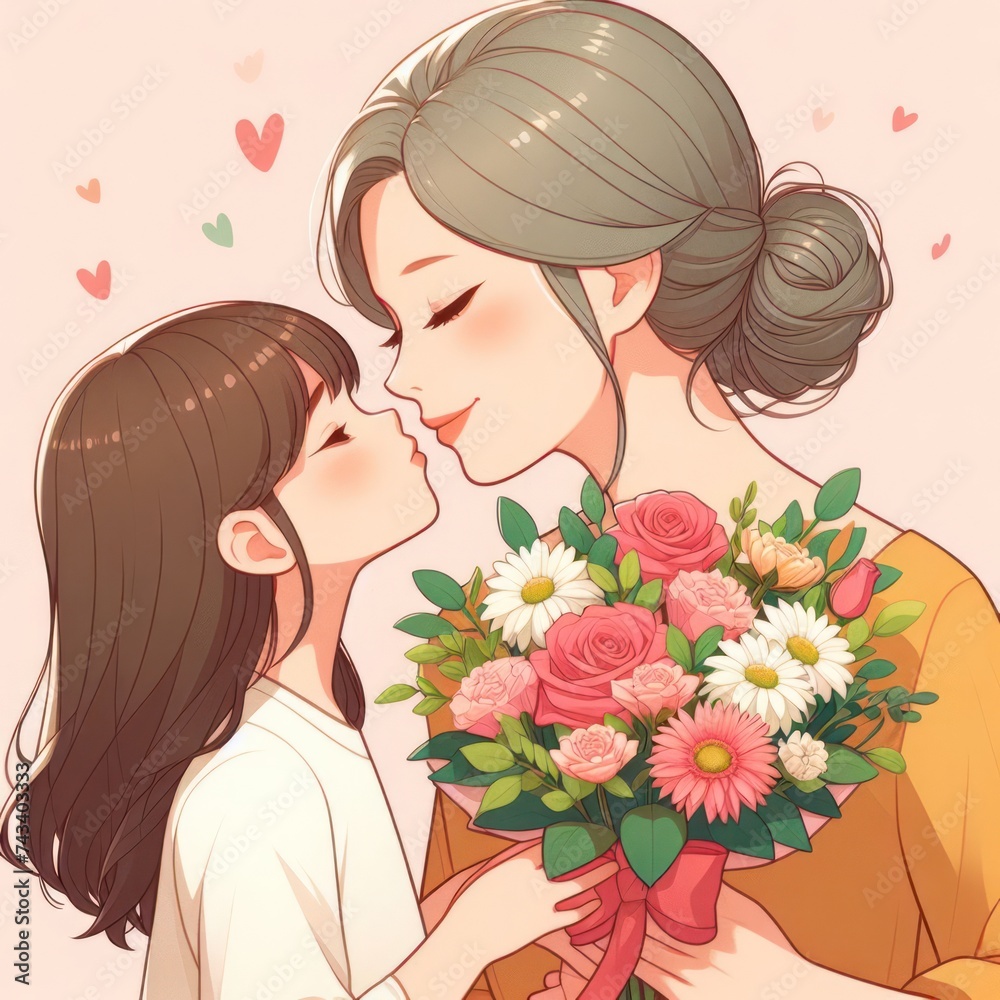 Happy mother's day! Child daughter congratulates mom and gives her postcard. Mum and girl smiling and hugging. Family holiday and togetherness.
