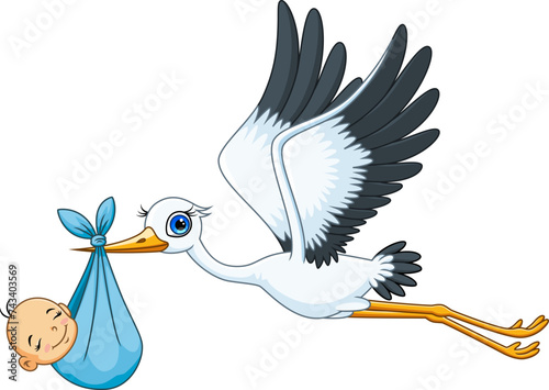 Cartoon of a cute stork carrying  a newborn baby © irwanjos
